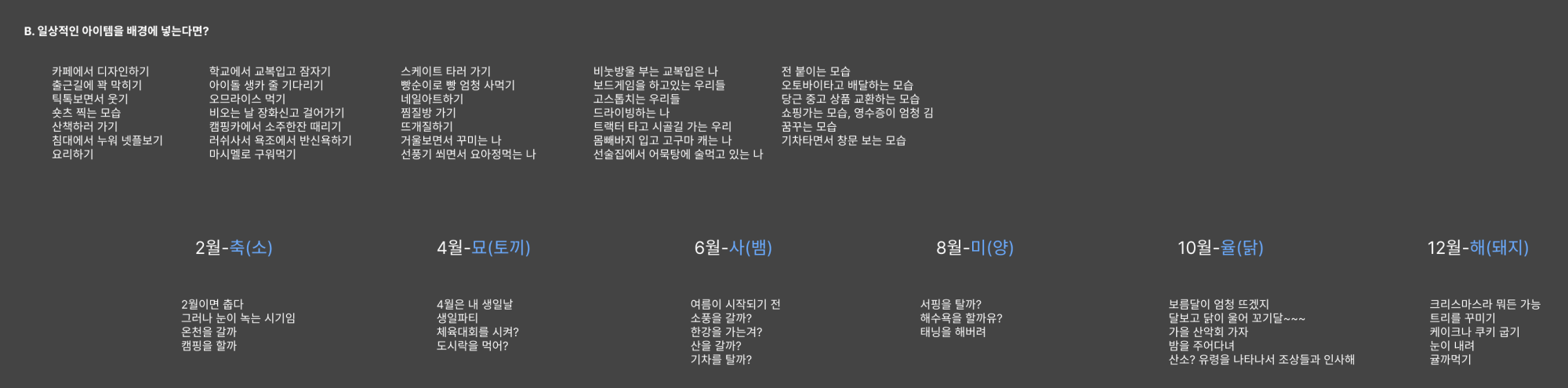 띠그래 띠어리 — 월별 일러스트 기획 메모